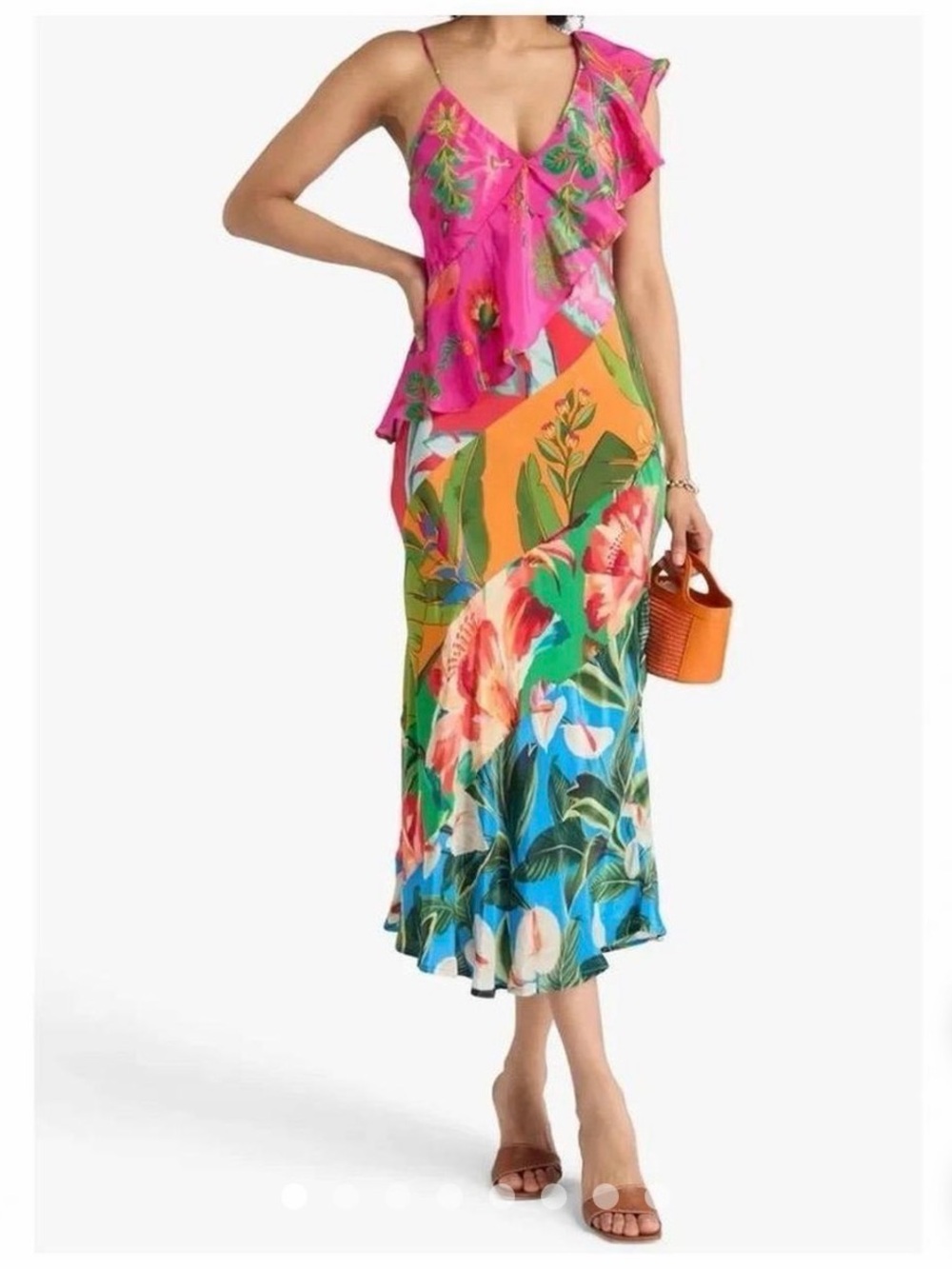 Farm Rio Ruffled Floral Print Satin Crepe De Chine Midi Dress Size Small